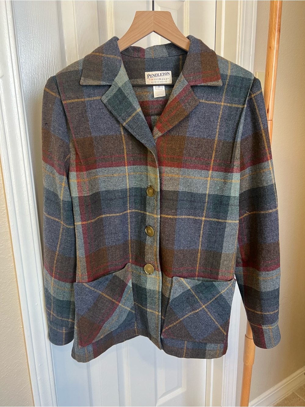 Pendleton Plaid Wool Blazer in Blue, Brown & Green Tones
